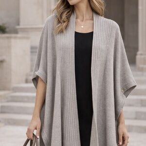 KINROSS Cashmere Luxury Open Front Cardigan Gray Ribbed Wrap